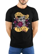 Entertaining My Rolls Are Trash Raccoon Tabletop RPG Graphic Tee - model wearing black tee with hands behind back