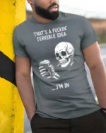 Sarcastic That’s A Terrible Idea I’m In Skull Graphic Tee - model wearing grey tee, leaning on column