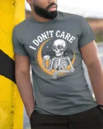 I Don’t Care Skeleton Drinking Beer Graphic Tee - model wearing grey tee, leaning on column