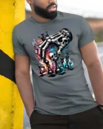 Intense Skeleton Hand Chess King Dark Magic Graphic Tee - model wearing grey tee, leaning on column