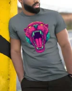 Striking Vaporwave Panther Roaring Neon Mascot Graphic Tee - model wearing grey tee, leaning on column
