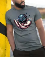 Enchanting Hand Holding Planet Cosmic Rings Graphic Tee - model wearing grey tee, leaning on column