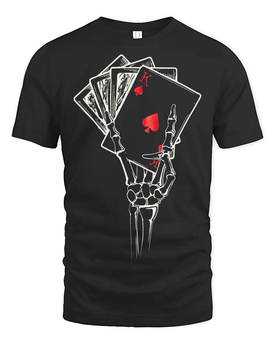 Awesome Royal Flush Grinning Boneyard Casino Soft Tshirt - 1 Awesome Royal Flush Grinning Boneyard Casino Soft Tshirt - black t-shirt on white background