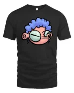 Quirky Big Eyed Blue Curly Hair Cartoon Character Graphic Tee - black t-shirt on white background