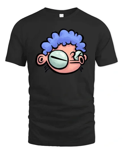 Quirky Big Eyed Blue Curly Hair Cartoon Character Graphic Tee - black t-shirt on white background