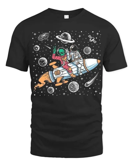 Playful Interstellar Rocket Rider Alien Spaceman Tshirt - black t-shirt on white background