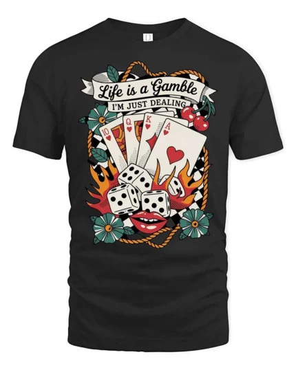 Awesome Retro Casino Poker Match Checkered Banner Tshirt - black t-shirt on white background