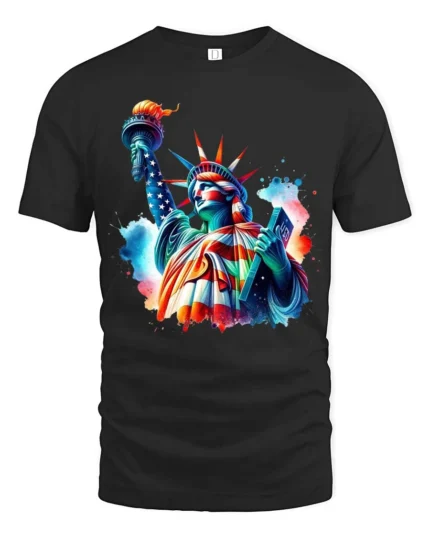 Striking Statue Of Liberty Watercolor Splash Pop Art Tee - black t-shirt on white background