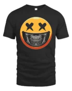 Striking Yellow Smiley Face Skull Mask Graphic Tee - black t-shirt on white background