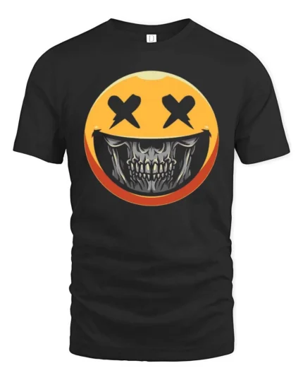 Striking Yellow Smiley Face Skull Mask Graphic Tee - black t-shirt on white background