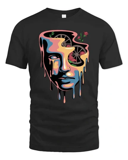 Beautiful Melting Surreal Face Melting Gears Graphic Tee - black t-shirt on white background