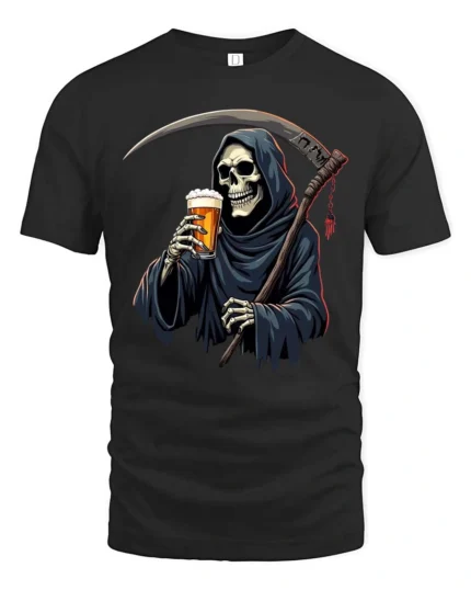 Cheeky Underworld Bartender Skeleton Harvester Tshirt - black t-shirt on white background