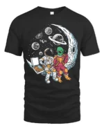 Captivating Astronaut Alien Moon Pizza Box Graphic Tee - black t-shirt on white background