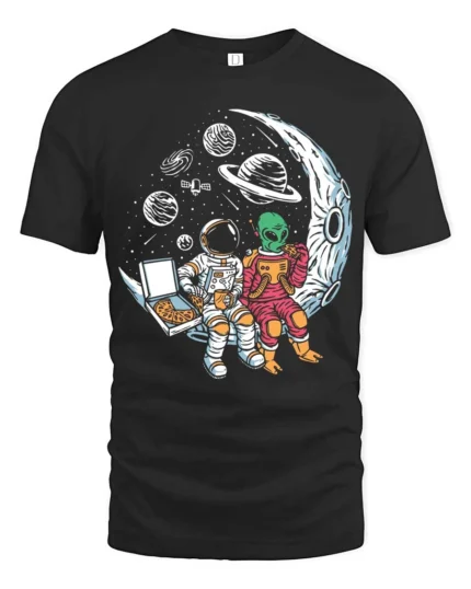 Captivating Astronaut Alien Moon Pizza Box Graphic Tee - black t-shirt on white background