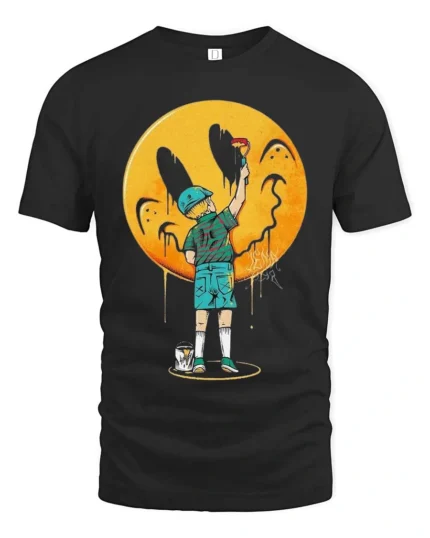 Creative Street Art Boy Painting Yellow Smiley Face Graphic Tee - black t-shirt on white background