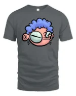 Quirky Big Eyed Blue Curly Hair Cartoon Character Graphic Tee - gray t-shirt on white background