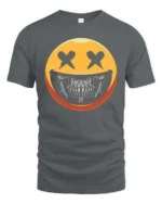 Striking Yellow Smiley Face Skull Mask Graphic Tee - gray t-shirt on white background