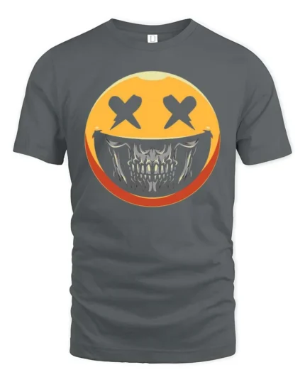 Striking Yellow Smiley Face Skull Mask Graphic Tee - gray t-shirt on white background