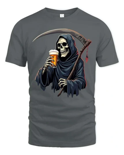 Cheeky Underworld Bartender Skeleton Harvester Tshirt - gray t-shirt on white background