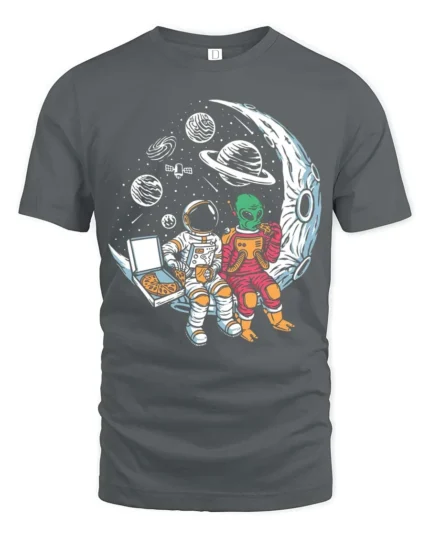 Captivating Astronaut Alien Moon Pizza Box Graphic Tee - gray t-shirt on white background