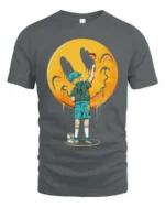Creative Street Art Boy Painting Yellow Smiley Face Graphic Tee - gray t-shirt on white background