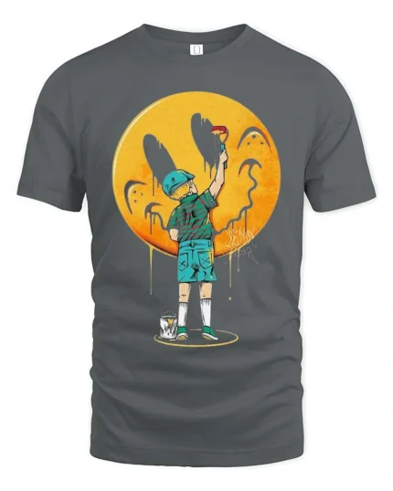 Creative Street Art Boy Painting Yellow Smiley Face Graphic Tee - gray t-shirt on white background
