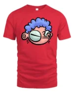 Quirky Big Eyed Blue Curly Hair Cartoon Character Graphic Tee - red t-shirt on white background