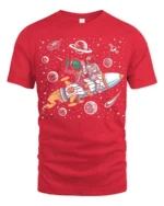 Playful Interstellar Rocket Rider Alien Spaceman Tshirt - red t-shirt on white background
