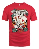 Awesome Retro Casino Poker Match Checkered Banner Tshirt - red t-shirt on white background