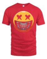 Striking Yellow Smiley Face Skull Mask Graphic Tee - red t-shirt on white background