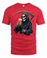 Cheeky Underworld Bartender Skeleton Harvester Tshirt - red t-shirt on white background