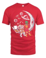 Captivating Astronaut Alien Moon Pizza Box Graphic Tee - red t-shirt on white background