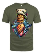 Striking Splash Art Helping Hand Compassion Graphic Tee - military green t-shirt on white background