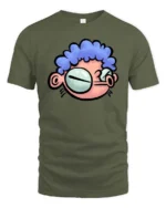 Quirky Big Eyed Blue Curly Hair Cartoon Character Graphic Tee - military green t-shirt on white background