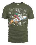 Playful Interstellar Rocket Rider Alien Spaceman Tshirt - military green t-shirt on white background