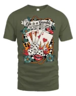 Awesome Retro Casino Poker Match Checkered Banner Tshirt - military green t-shirt on white background