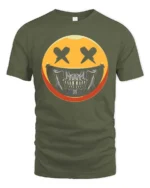 Striking Yellow Smiley Face Skull Mask Graphic Tee - military green t-shirt on white background
