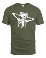 Striking Shocked Skeleton Screaming Crashing Bones Graphic Tee - military green t-shirt on white background