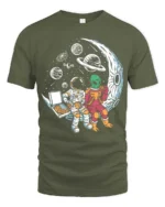 Captivating Astronaut Alien Moon Pizza Box Graphic Tee - military green t-shirt on white background