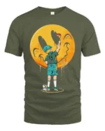 Creative Street Art Boy Painting Yellow Smiley Face Graphic Tee - military green t-shirt on white background
