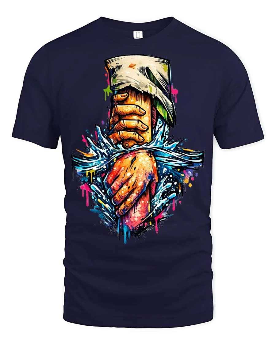 Striking Splash Art Helping Hand Compassion Graphic Tee - 1 Striking Splash Art Helping Hand Compassion Graphic Tee - navy t-shirt on white background
