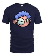 Quirky Big Eyed Blue Curly Hair Cartoon Character Graphic Tee - navy t-shirt on white background