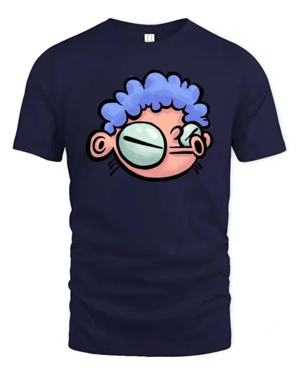 Quirky Big Eyed Blue Curly Hair Cartoon Character Graphic Tee - navy t-shirt on white background