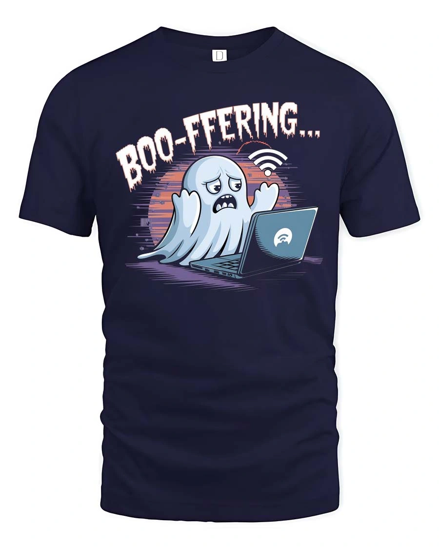 Entertaining Boo Ffering Wifi Ghost Laptop Soft Tshirt - 1 Entertaining Boo Ffering Wifi Ghost Laptop Soft Tshirt - navy t-shirt on white background