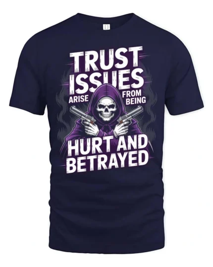 Trust Issues Grim Reaper Gunfighter Graphic Tee - navy t-shirt on white background