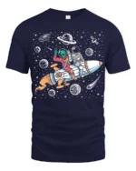 Playful Interstellar Rocket Rider Alien Spaceman Tshirt - navy t-shirt on white background