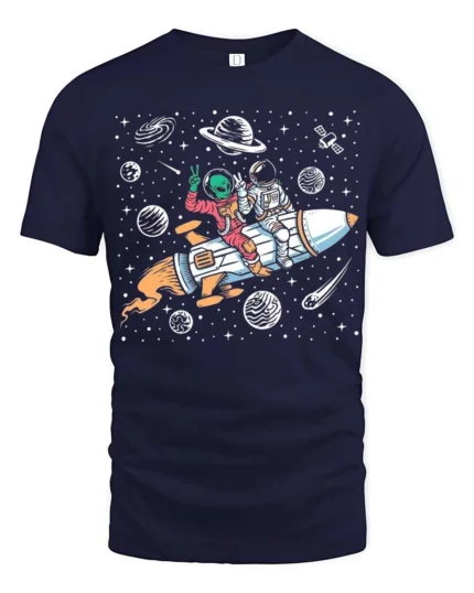 Playful Interstellar Rocket Rider Alien Spaceman Tshirt - navy t-shirt on white background