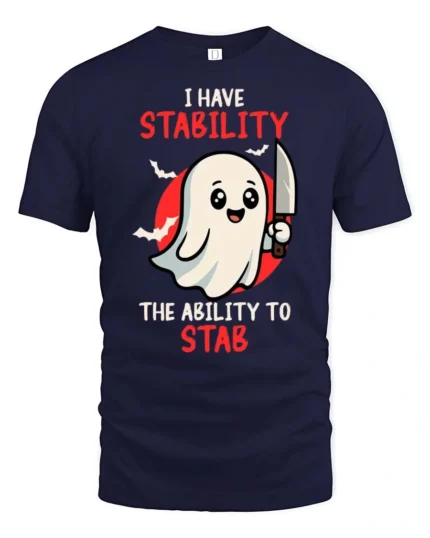 I Have Stability Ability To Stab Ghost Graphic Tee - navy t-shirt on white background