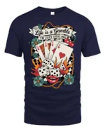 Awesome Retro Casino Poker Match Checkered Banner Tshirt - navy t-shirt on white background