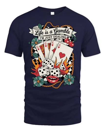 Awesome Retro Casino Poker Match Checkered Banner Tshirt - navy t-shirt on white background